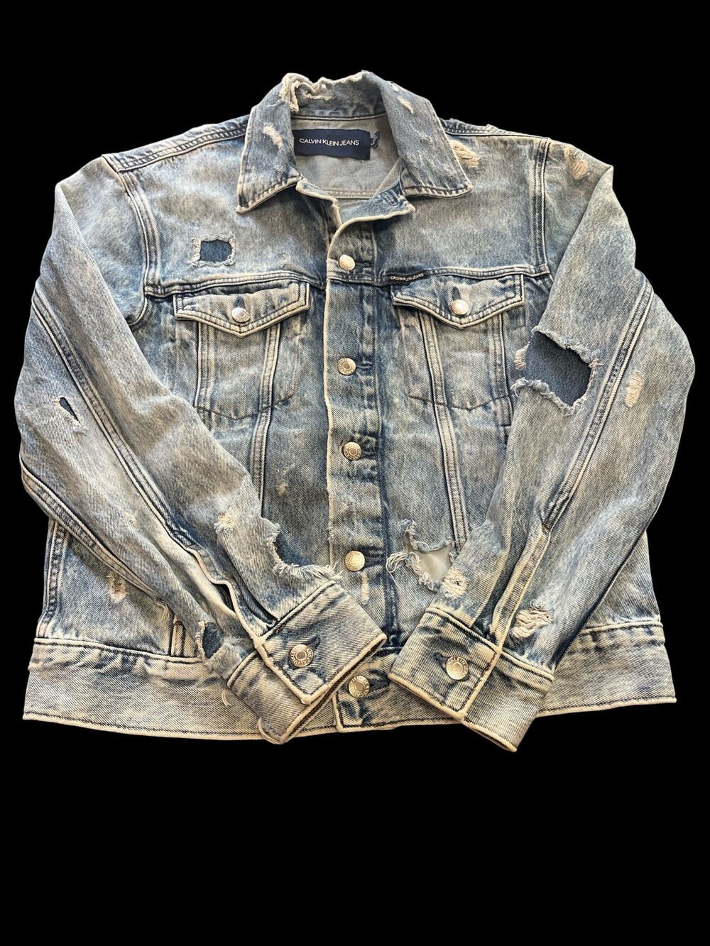 Calvin Klein Jean-Women-S-Denim Trucker Jacket-Distressed/Ripped design-1117